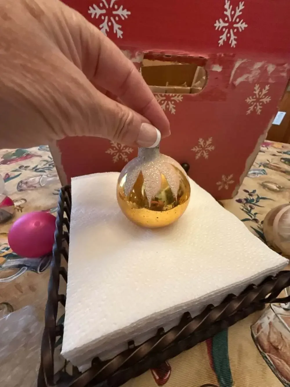 Vtg Shiny Brite Gold Mercury Glass Xmas Ornament Snow Cap White Mica Glitter